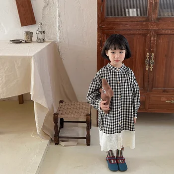 2022 Primăvară fată copil drăguț dantela mozaic carouri rochie de printesa Copiii pieptul singur rochii de bumbac