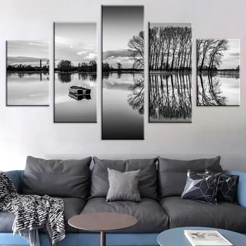5 Piese De Arta De Perete Panza Pictura Alb-Negru Nava Lac, Copac, Peisaj Poster Modular Acasă Decor Living Modern