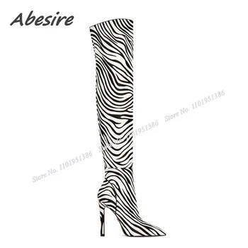 Abesire Zebra-benzi Laterale cu Fermoar Cizme de Culoare Amestecat Peste Genunchi Subliniat Toe Stilet Pantofi pentru Femei cu Toc Zapatillas Mujer