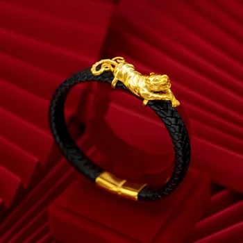 Bijuterii Fine Real 18K Aur Răsucite Coarda din Piele de Leopard Bratara pentru Omul de Lux 999 Solid Lanț de Frânghie Cadou de Nunta pentru Femei
