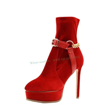 Catifea Roșie Stilet Tocuri Glezna Cizme Rotund Toe Catarama Platforma Lanțului de Decor Femei pe Scurt Papuceii 2023 Nou Elegant Pantofi Casual