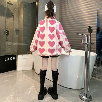 Copii de Lână Jachete de Iarnă de Îmbrăcăminte coreeană de Moda Model de Inima Faux Blana Haine pentru Copii Fete de 6 7 8 9 10 11 12 13 14