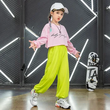 Copil Cool Hip Hop Îmbrăcăminte Tricou Crop Top cu Maneci Lungi Tricou pentru Dans Fată Costum de Haine Dans