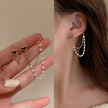 Coreeană Elegant Floare Trandafir Lanț Perla Cercei Stud pentru Femei Fete de Moda Lanț de Metal Boucle D'oreille Cadouri Bijuterii