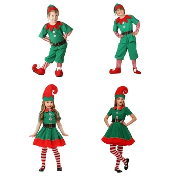 Costum de Elf Rosu si Verde Elf Cosplay Costum, cu Pălărie Rochie Fete Baieti Vacanță P31B