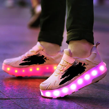 Dimensiunea 28-40 Copii Roți Luminos Adidași pe Roți Duble Stralucitoare Lumini LED Pantofi de Skate Role pentru Copii Băieți Fete USB Acuzat