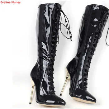 Metal Toc Dantelă-Up Mid Ghete Femei Solid Negru din Piele de Brevet 15CM Subliniat Toe Stilet de Moda Elegante Plus Dimensiune Pantofi