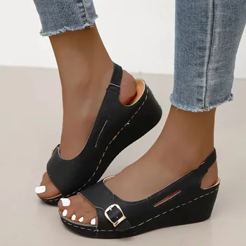 Moda Buckle Wedge Sandale Femei 2022 Vară Spate Curea De Piele Pu Platforma Sandalias Mujer Plus Dimensiune 43 Lumină Pantofi De Plaja