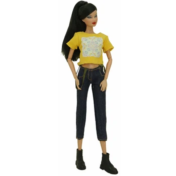 NK 1 Buc Birou Modern Outift Haine de Moda Demin Trouseres Casual, Tricoul Galben Pentru Papusa Barbie cu Accesorii de Jucarie Cadou
