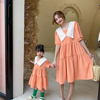 Noua Familie Mama și Fiica Dress Mâneci Scurte Culoare Pură Rochie Haine de Vară de Îmbrăcăminte de Familie de Familie Haine de Potrivire Rochie
