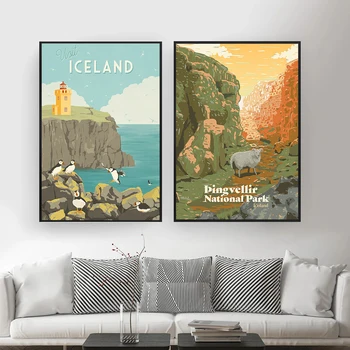 Orașul Retro Travel Poster Vizita Grimsey Gullfoss WaterfalI Islanda Tablouri Canvas Peisaj Retro, Arta De Perete Poze Decor Acasă