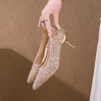 Plus Dimensiune Nunta de Argint Pantofi de Mireasa Bling Pompe Subliniat Toe Pantofi cu Barca de Femeie Pantofi Rochie Zapatos Mujer Pompe de Femei 2022