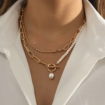 Stratificat Epocă Pearl Colier de Aur Estetice Lanțuri de Șirag de mărgele de Argint Cravată Bijuterii pentru Femei, Fete de Moda Coliere 2022