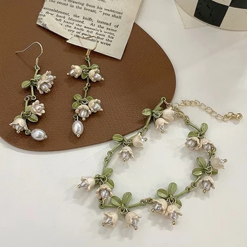 Vara Crin Alb Floare Pearl Set de Bijuterii pentru Femei Crin de Vale Epocă Legăna Cercei Colier Bratara Accesorii
